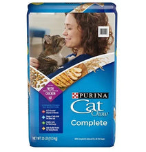 Dry cat food bag, blue Purina Cat Chow Complete with cat and chicken graphics