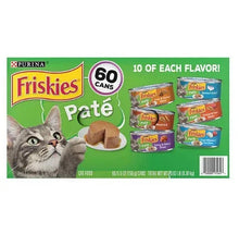 Cat food pate variety pack box with six can images, Purina Friskies branding
