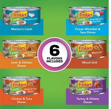 Six Purina Friskies pate wet cat food flavor cans shown on a green panel