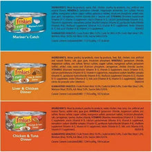Purina Friskies pate wet cat food ingredient panels on can labels
