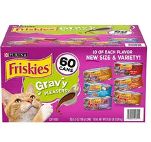 Cat food variety pack box showing gravy pleasers, 60 cans front label
