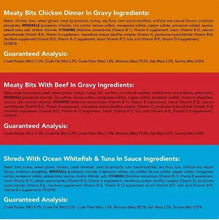 Cat food ingredients panel listing chicken, beef, whitefish and tuna in gravy