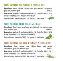 Purina Fancy Feast savory puree naturals ingredients panel for chicken, tuna, and salmon