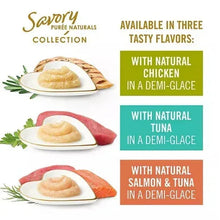 Savory Puree Naturals cat pouch flavors: natural chicken, tuna, and salmon & tuna