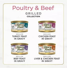 Cat food variety labels for grilled in-gravy flavors: turkey, chicken, beef, liver