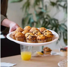 Round white paper dinner plate held with assorted muffins
