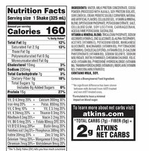 Nutrition Facts label for protein shake, 15g protein per serving