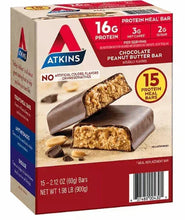Chocolate peanut butter protein meal bar box, showing side and front, 15 bars