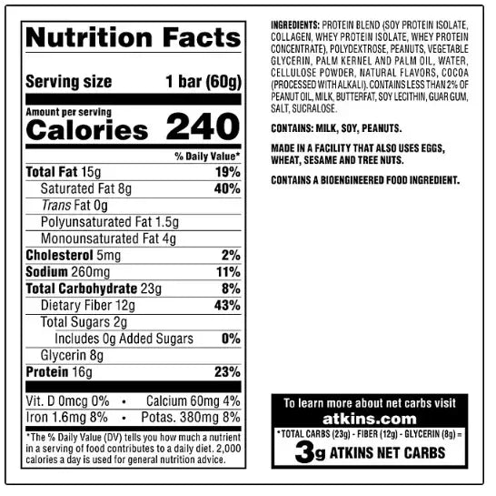Atkins Chocolate Peanut Butter Meal Bars, High Fiber,  16g of Protein (15 ct.)
