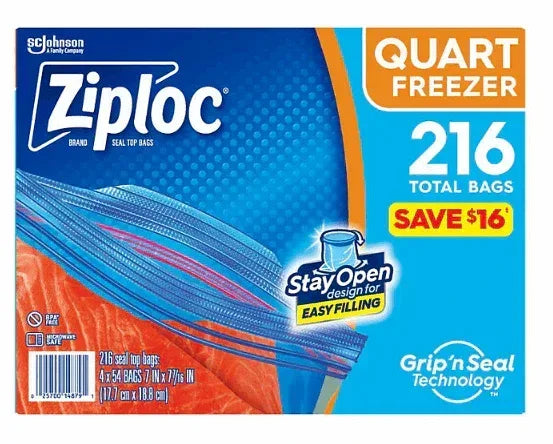 Ziploc Easy Open Tabs Freezer Quart Bags with New Stay Open Design, 216 ct.