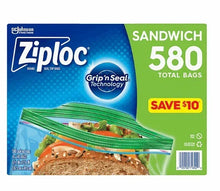 Ziploc sandwich bags box, 580 count, with blue and green Grip’n Seal design