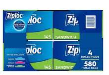 Ziploc sandwich bags retail box with blue panels and 580 total bags label