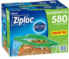 Ziploc sandwich bags box showing green zip-top bags and 580 total bags