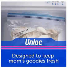 Clear freezer bag with blue zip top seal, designed to keep food fresh