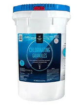 Chlorinating granules tub with blue lid and front label panel