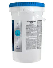 Chlorinating granules tub with blue lid, back label, and safety icons