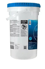 Chlorinating granules tub with blue lid and warning label on side