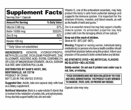 Member’s Mark Biotin 10,000 mcg with Keratin 100 mg Capsules, 250 Count