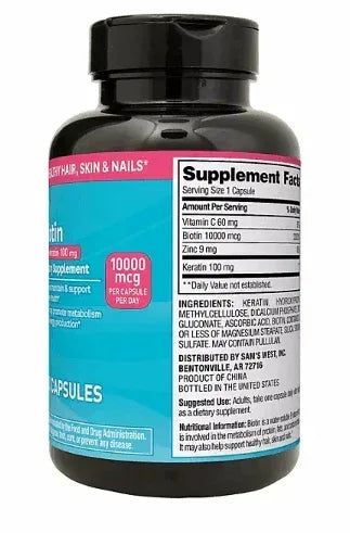 Member’s Mark Biotin 10,000 mcg with Keratin 100 mg Capsules, 250 Count