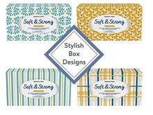 Facial tissue flat box set with four patterned boxes, Soft & Strong branding