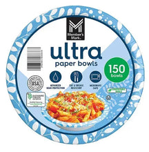 Ultra paper bowl package with blue patterned rim and label showing 150 bowls.