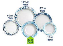 Paper bowl and plate size chart: 12 oz & 20 oz bowls; 6 7/8, 8 1/2, 10 1/16 in plates.