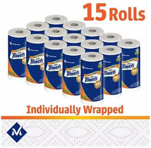 Paper towel rolls in blue wrappers, 15-roll set with individual wrapping