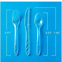 Clear plastic fork, knife, and spoon set, full-length utensils in transparent finish