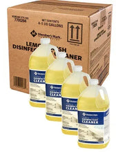 Commercial floor cleaner jugs in yellow with white caps, shown with cardboard box