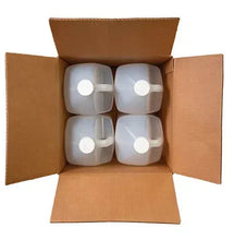 Commercial floor cleaner bottles in white plastic, four-pack in open cardboard carton