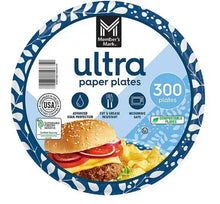 Member's Mark Ultra paper plates, blue leaf-pattern design, round plate package