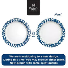 Round paper lunch plates with blue leaf border pattern, shown in two views