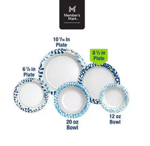 Blue leaf-pattern paper plates, multiple sizes for lunch service
