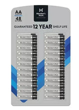 AA alkaline battery pack blister with 48 batteries and 12-year guaranteed shelf life