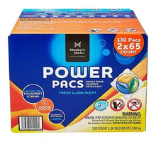 Laundry detergent Power Pacs box, blue and orange with 130 packs 2x65 count
