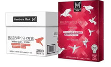 Multipurpose copy paper boxes, letter-size white box beside red box with bird graphics