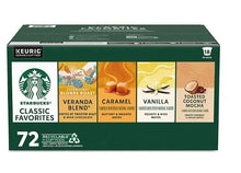 Keurig coffee variety pack box with 72 K-cups and flavor panels: Veranda, Caramel, Vanilla