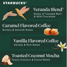 Starbucks K-cups box front listing Veranda Blend, Caramel, Vanilla, and Toasted Coconut Mocha