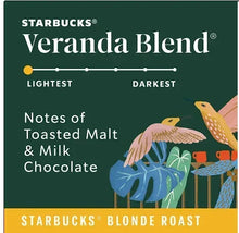 Starbucks Veranda Blend Blonde Roast coffee label, notes of toasted malt & milk chocolate