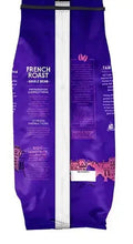 40 oz whole bean coffee bag, back panel with roasting and preparation details, purple