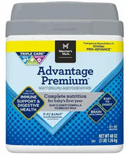Baby formula canister with grey lid, Advantage Premium label, 48 oz