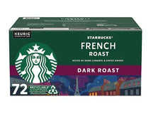French Roast K-Cup coffee pod box, 72 count, dark roast label by Starbucks