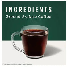 Ground Arabica coffee pods ingredients graphic with cup of dark coffee, Starbucks