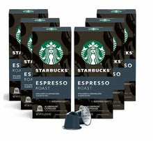Espresso roast pods and dark roast boxes with Starbucks and Nespresso logos