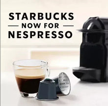 Dark roast espresso pods, cups, and Nespresso machine with Starbucks branding