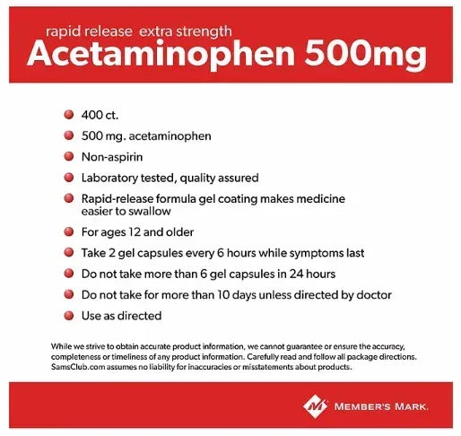 Member’s Mark Extra Strength Acetaminophen 500 mg Tablets, 400 Count