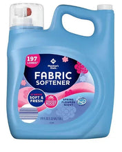 Blue liquid fabric softener bottle with white cap and pink spring flowers label