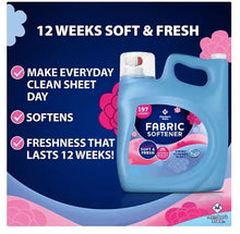 Blue fabric softener bottle on box packaging with pink flowers and 12-week soft & fresh