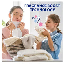 People folding soft clean laundry with fragrance boost technology text