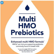 Baby formula label close-up: Multi HMO Prebiotics text with droplet icon